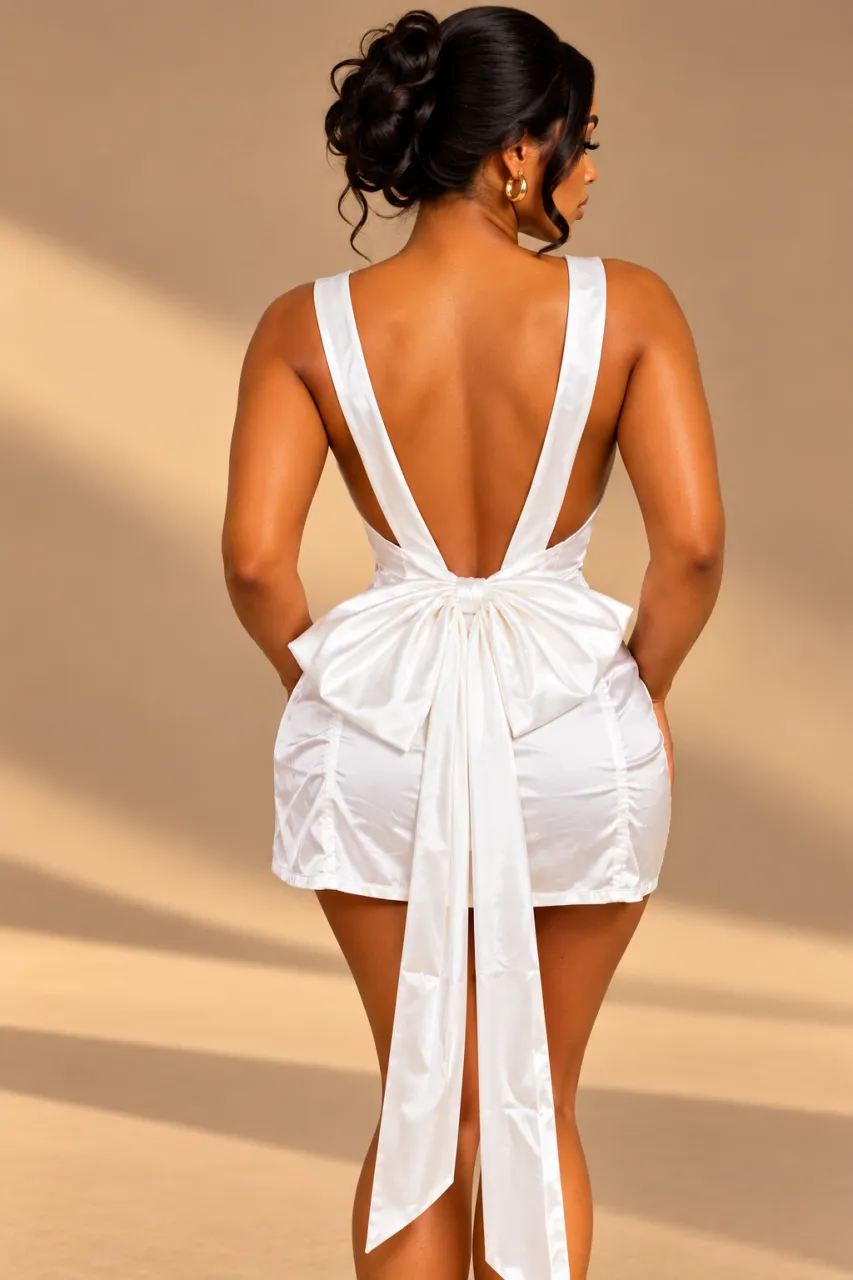 Satin Mini Dress with Cowl Neckline and Statement Back Bow — image 2