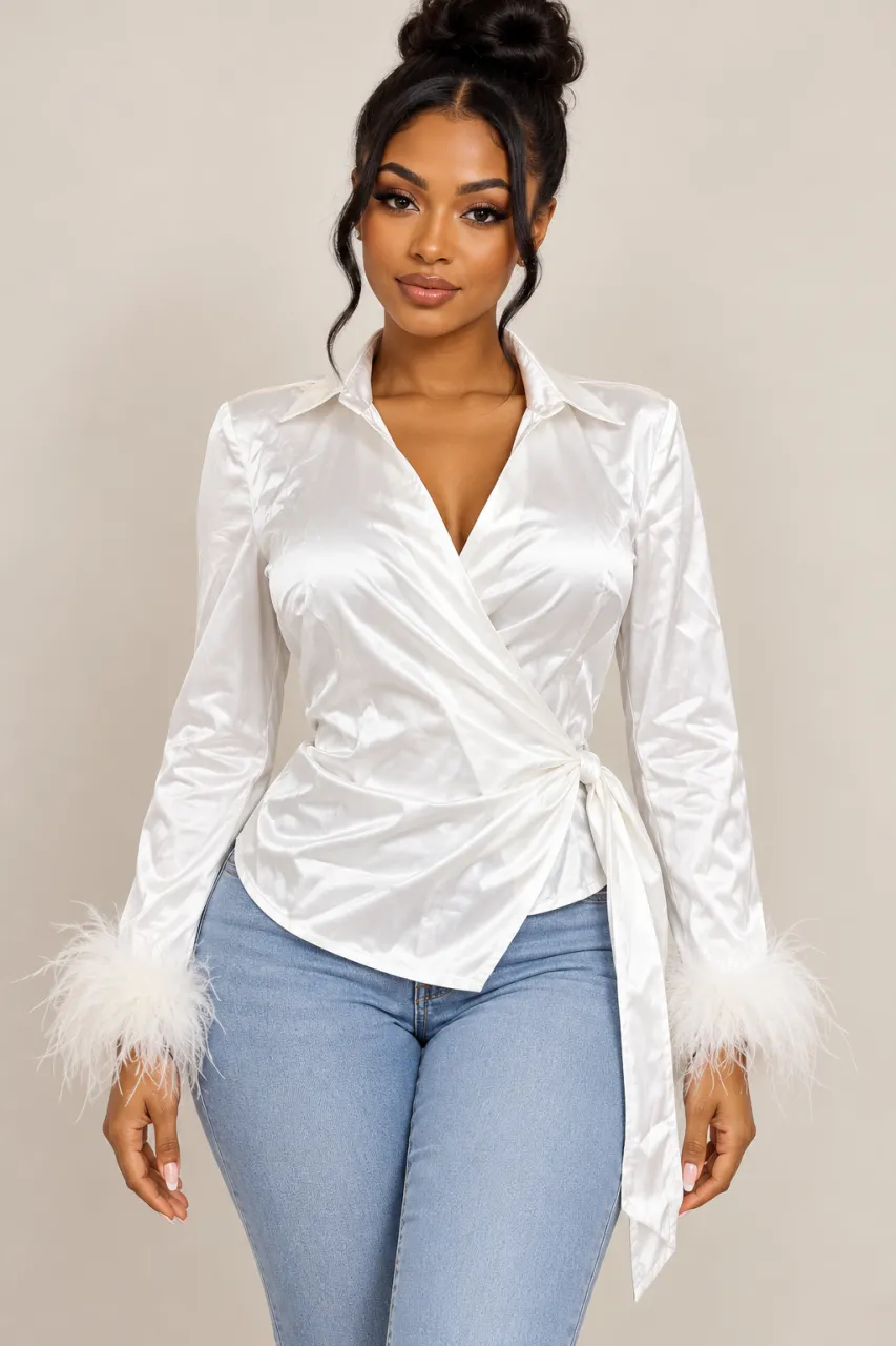White Satin Feather Cuff Wrap Blouse — image 1