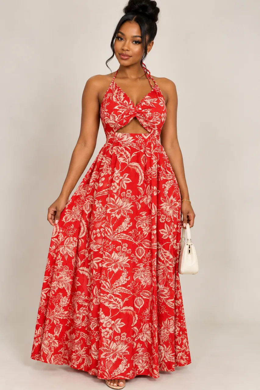 Crimson Floral Cutout Halter Maxi Dress — image 1