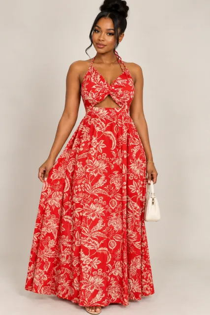 Crimson Floral Cutout Halter Maxi Dress