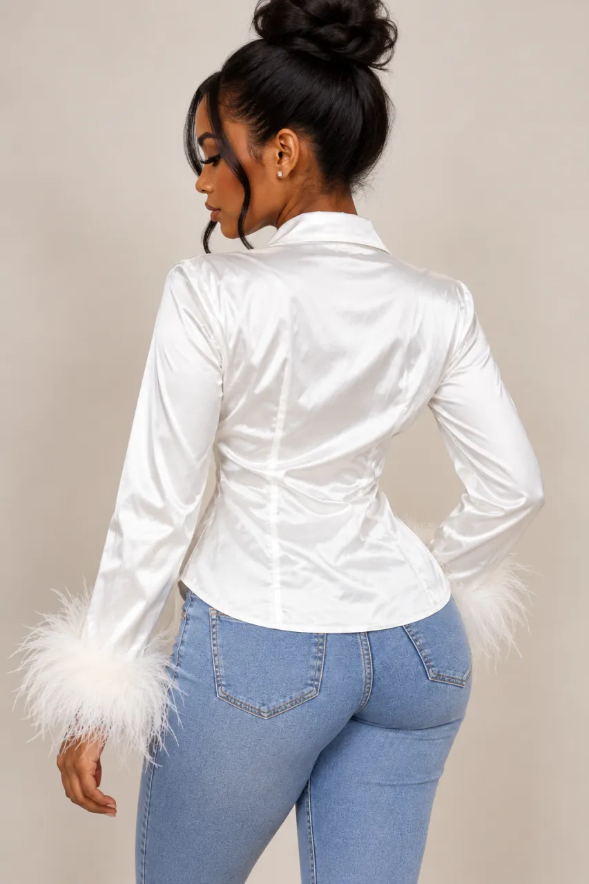 White Satin Feather Cuff Wrap Blouse — image 3