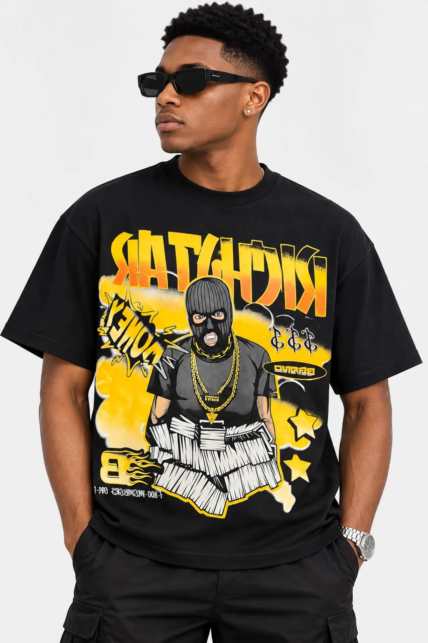 Men's Graphic Print Black Streetwear T-Shirt with Balaclava & Money Stack Design — image 2