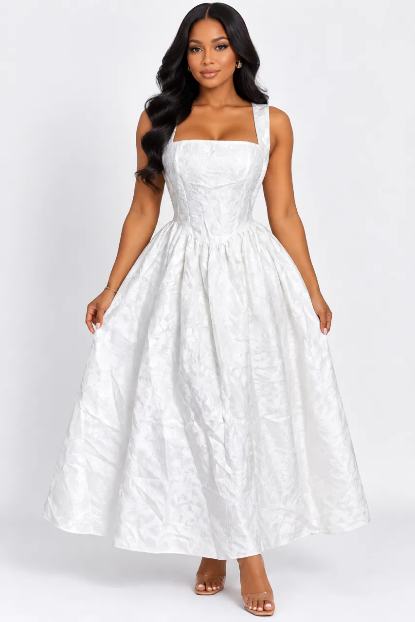 Floral Jacquard Maxi Dress for Women with Open Back and Tie Detail — image 1