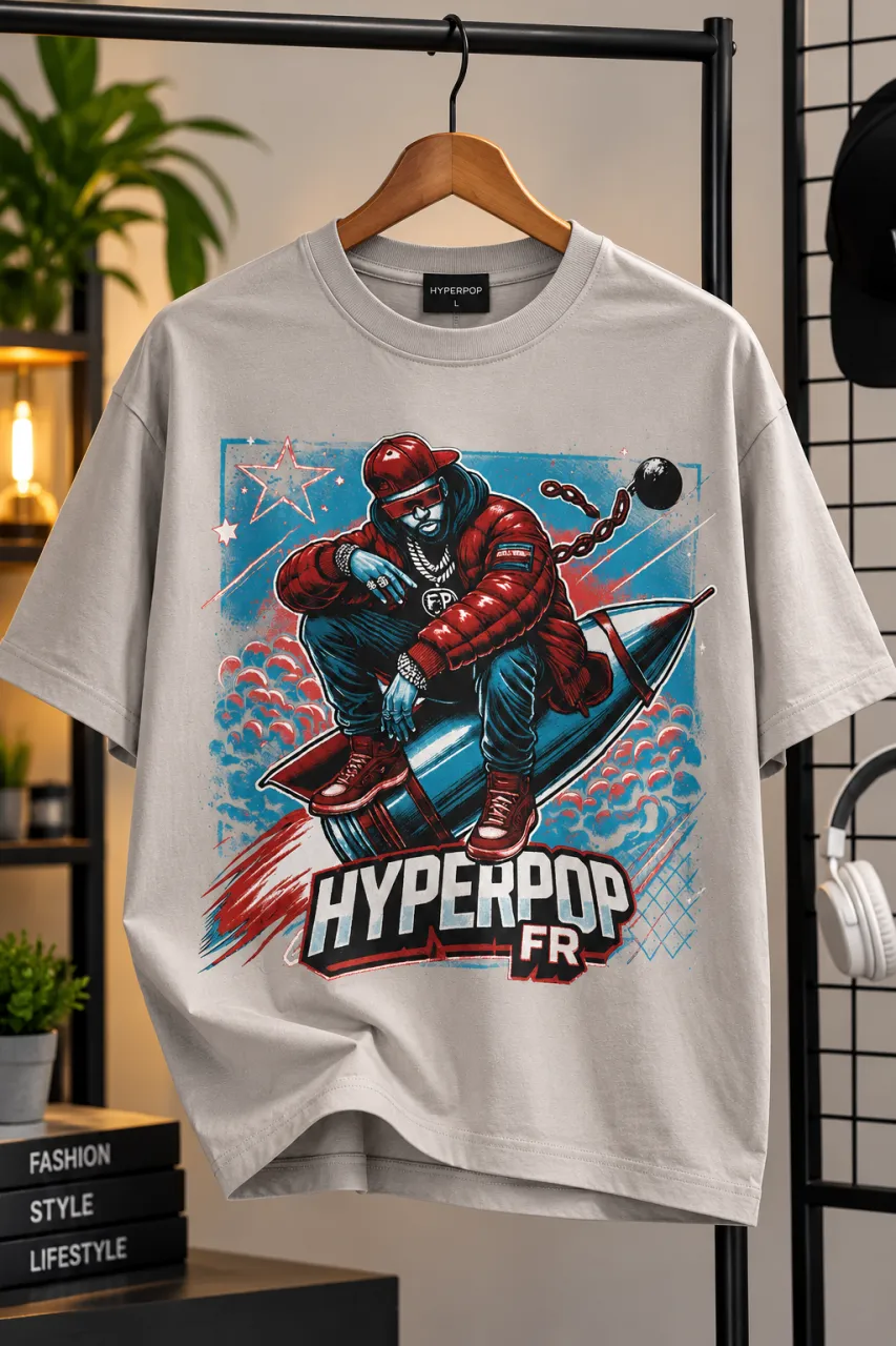 Men's Grey Graphic T-Shirt with Hyperpop Rocket Design — image 1