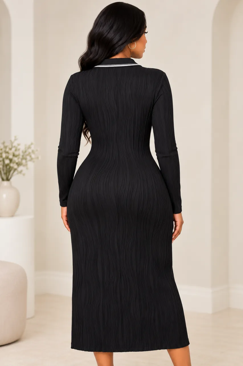 Black Textured Ribbed Long Sleeve Dress — image 2