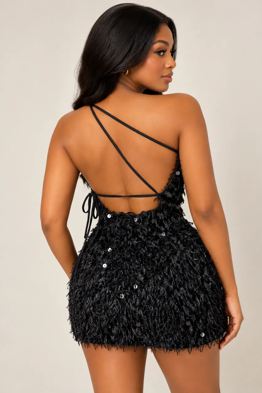Midnight Shimmer Textured Sequin Fringe Mini Dress — image 2