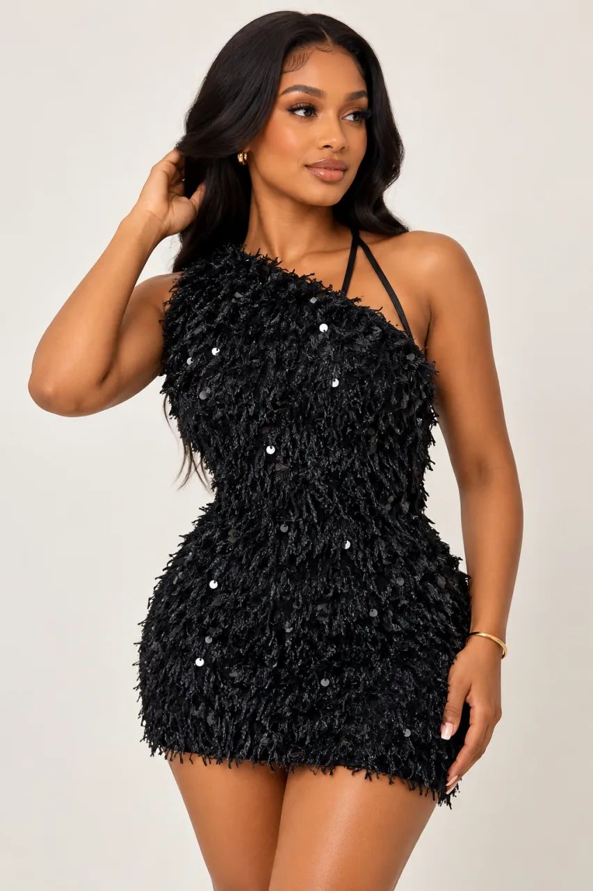 Midnight Shimmer Textured Sequin Fringe Mini Dress — image 1