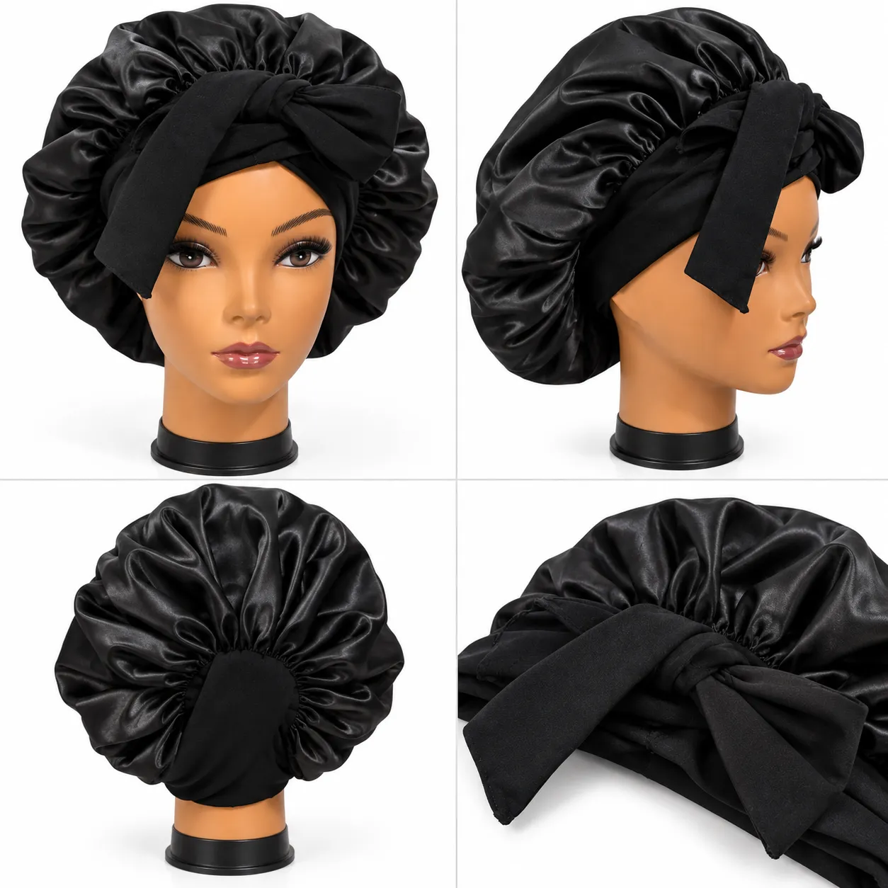 Black Satin Sleep Bonnet with Tie Band — image 2