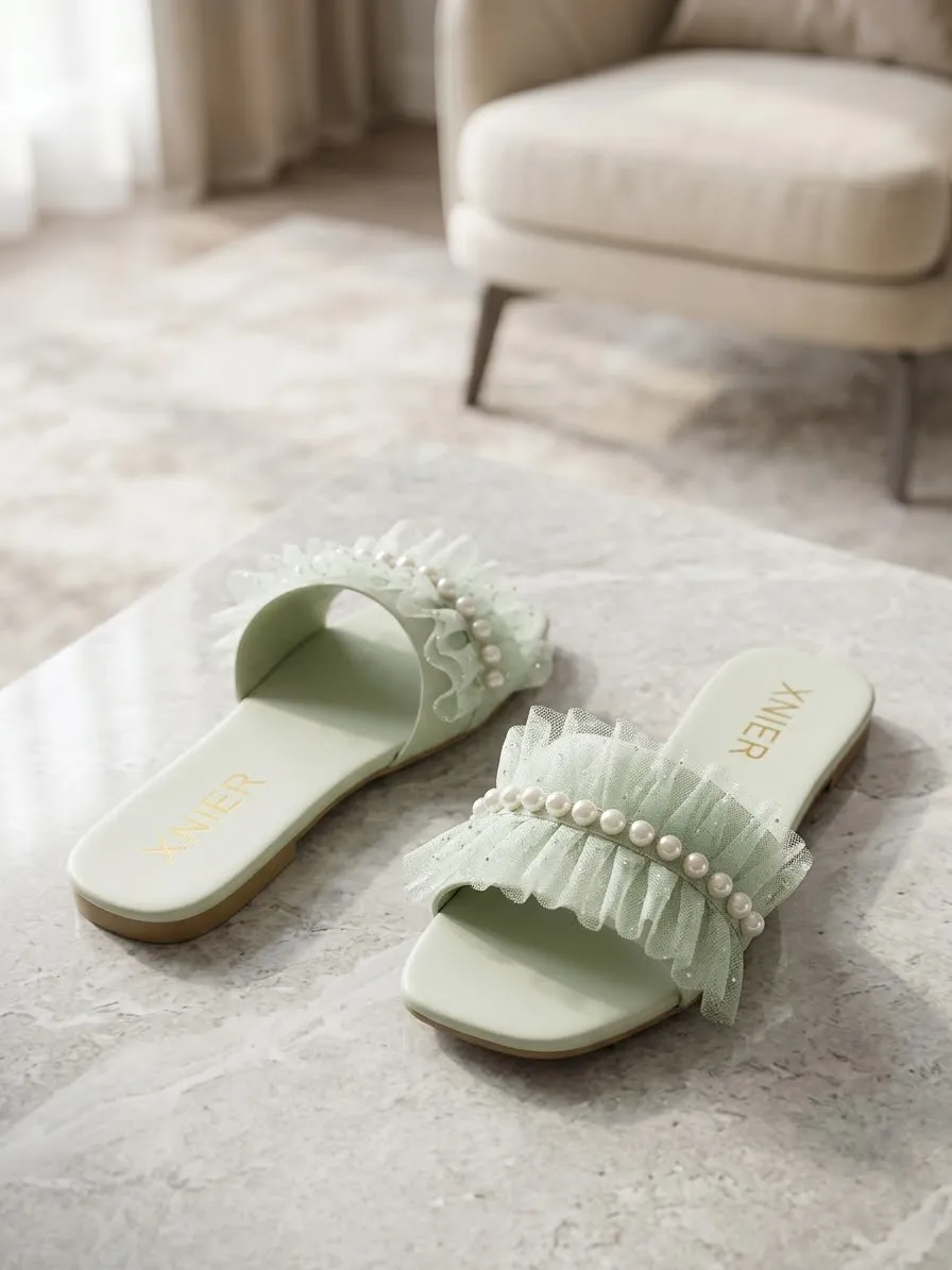 Lavender Pearl Ruffle flat slides — image 4