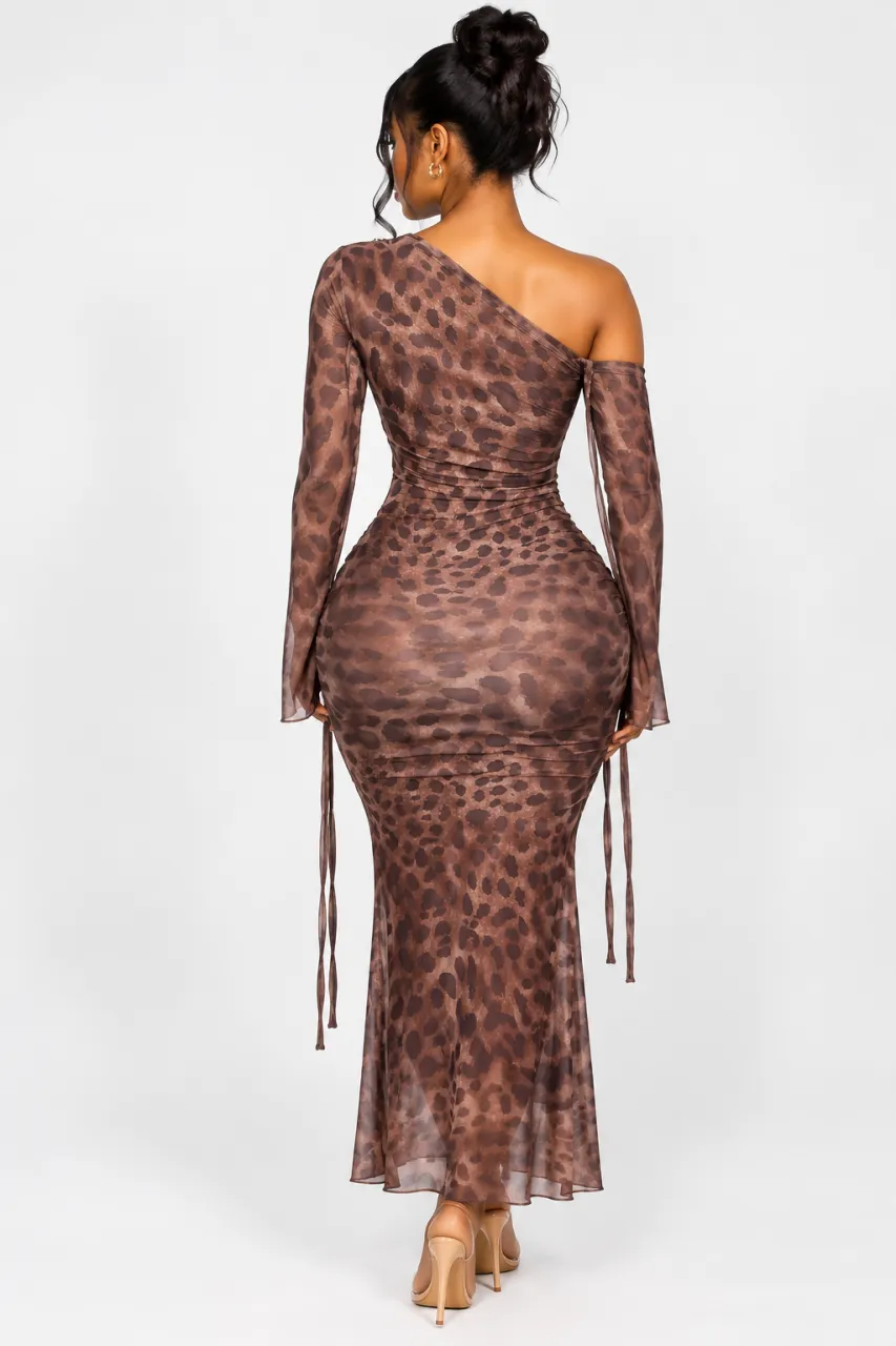 Leopard Print One-Shoulder Mesh Maxi Dress — image 3
