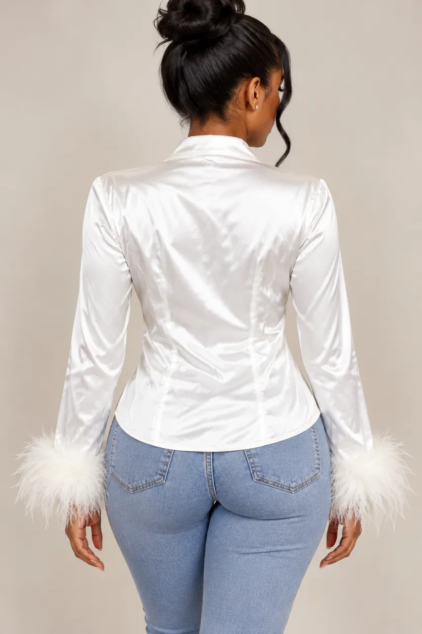 White Satin Feather Cuff Wrap Blouse — image 2