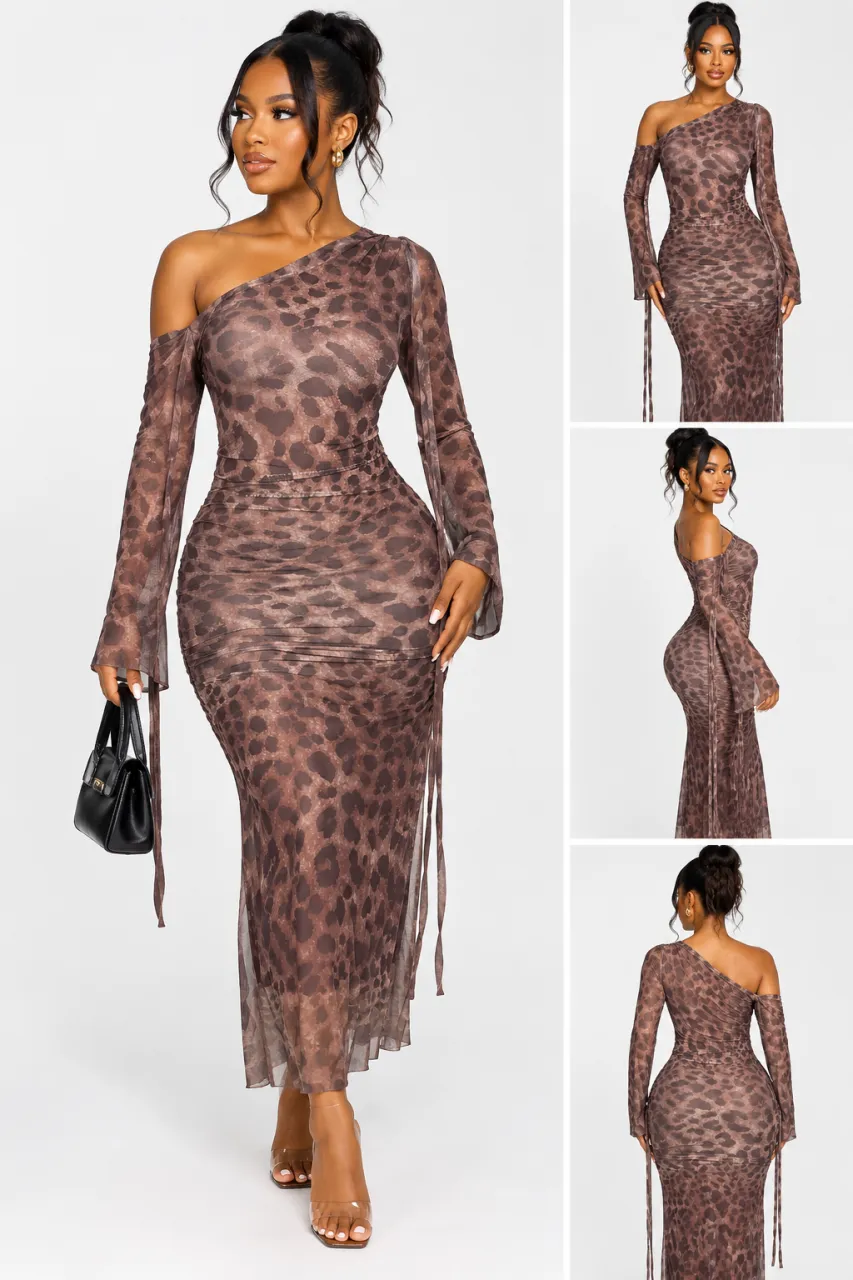 Leopard Print One-Shoulder Mesh Maxi Dress — image 2