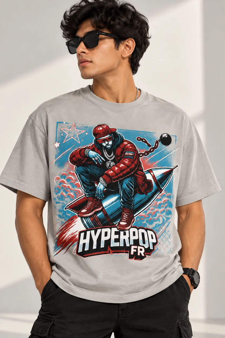 Men's Grey Graphic T-Shirt with Hyperpop Rocket Design — image 3