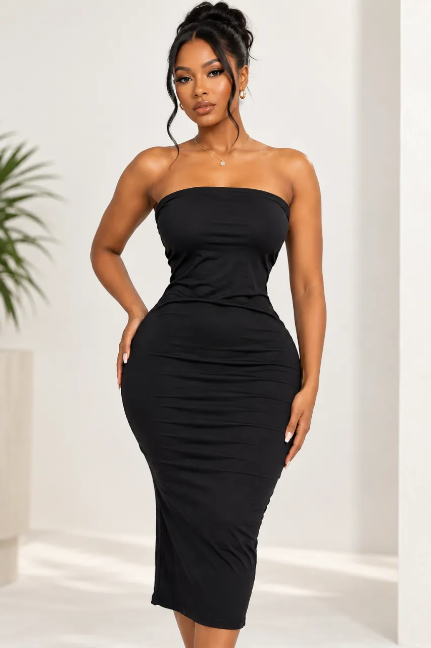 Women's Strapless Tube Bodycon Midi Dress in Classic Black — image 1