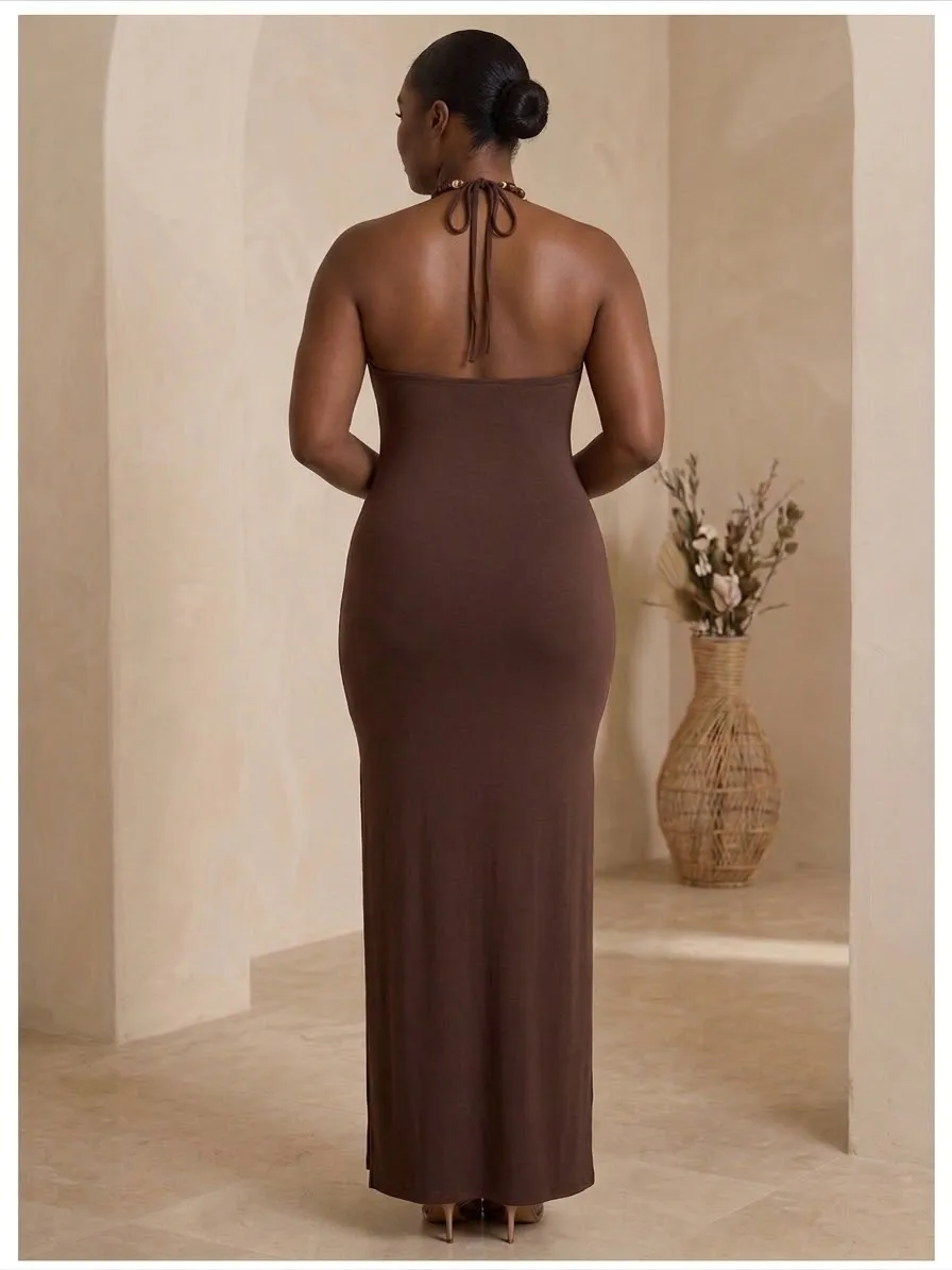 Chocolate Brown Beaded Halter Neck Maxi dress — image 2