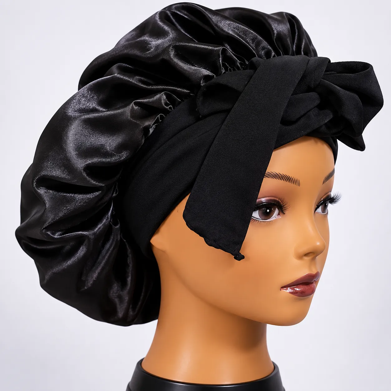 Black Satin Sleep Bonnet with Tie Band — image 1
