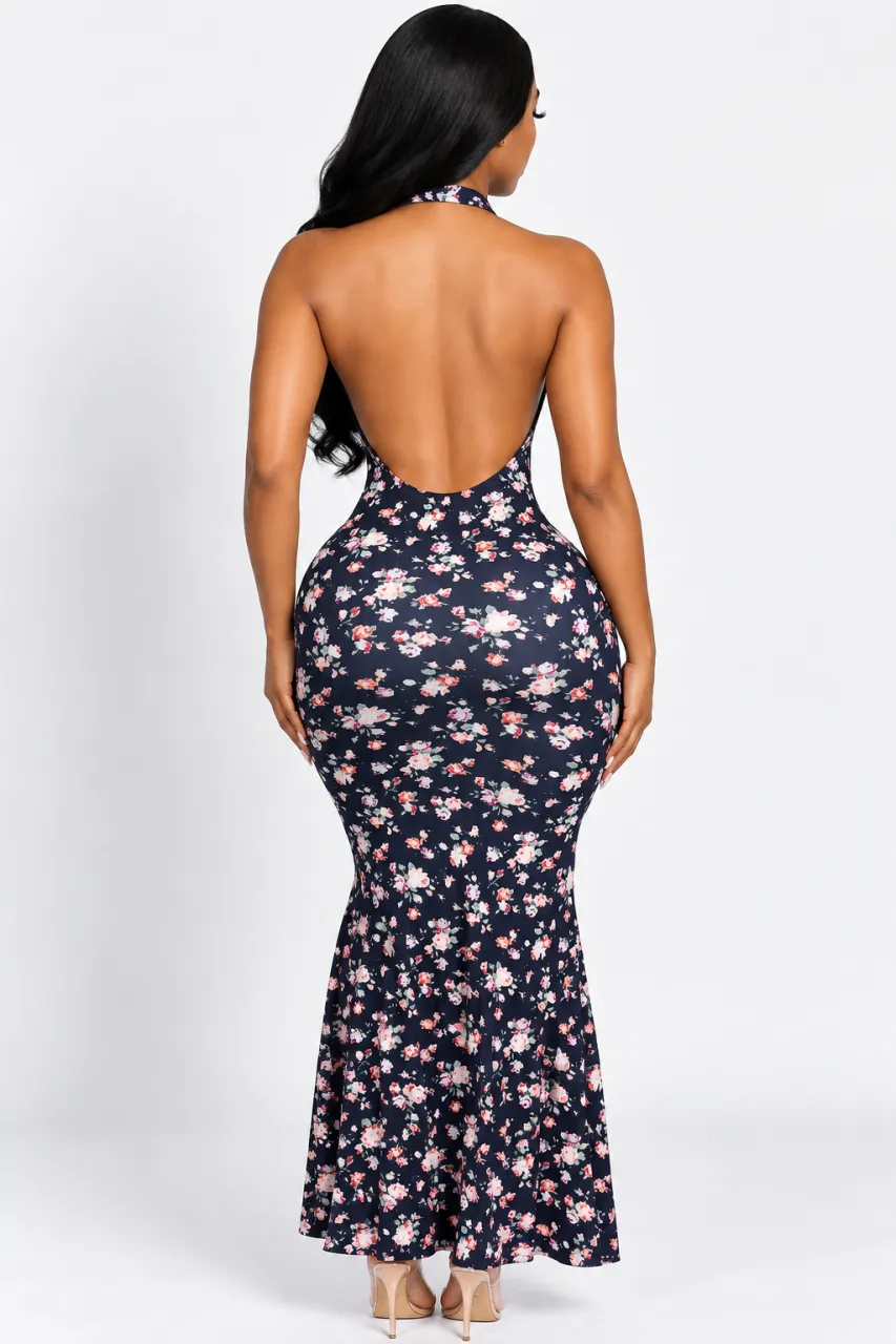Navy Blue Floral Halter Neck Maxi Dress for Women — image 2