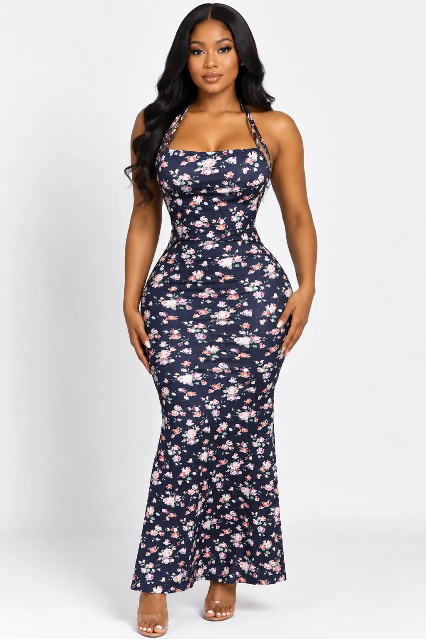 Navy Blue Floral Halter Neck Maxi Dress for Women — image 1