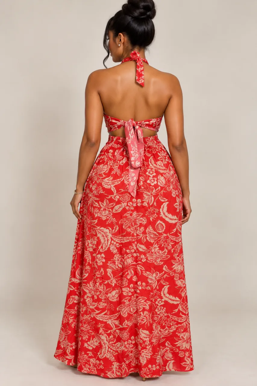 Crimson Floral Cutout Halter Maxi Dress — image 2