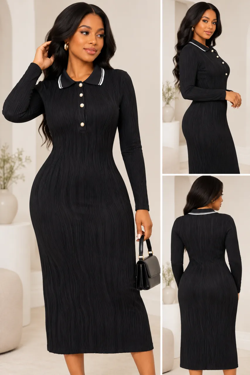 Black Textured Ribbed Long Sleeve Dress — image 3