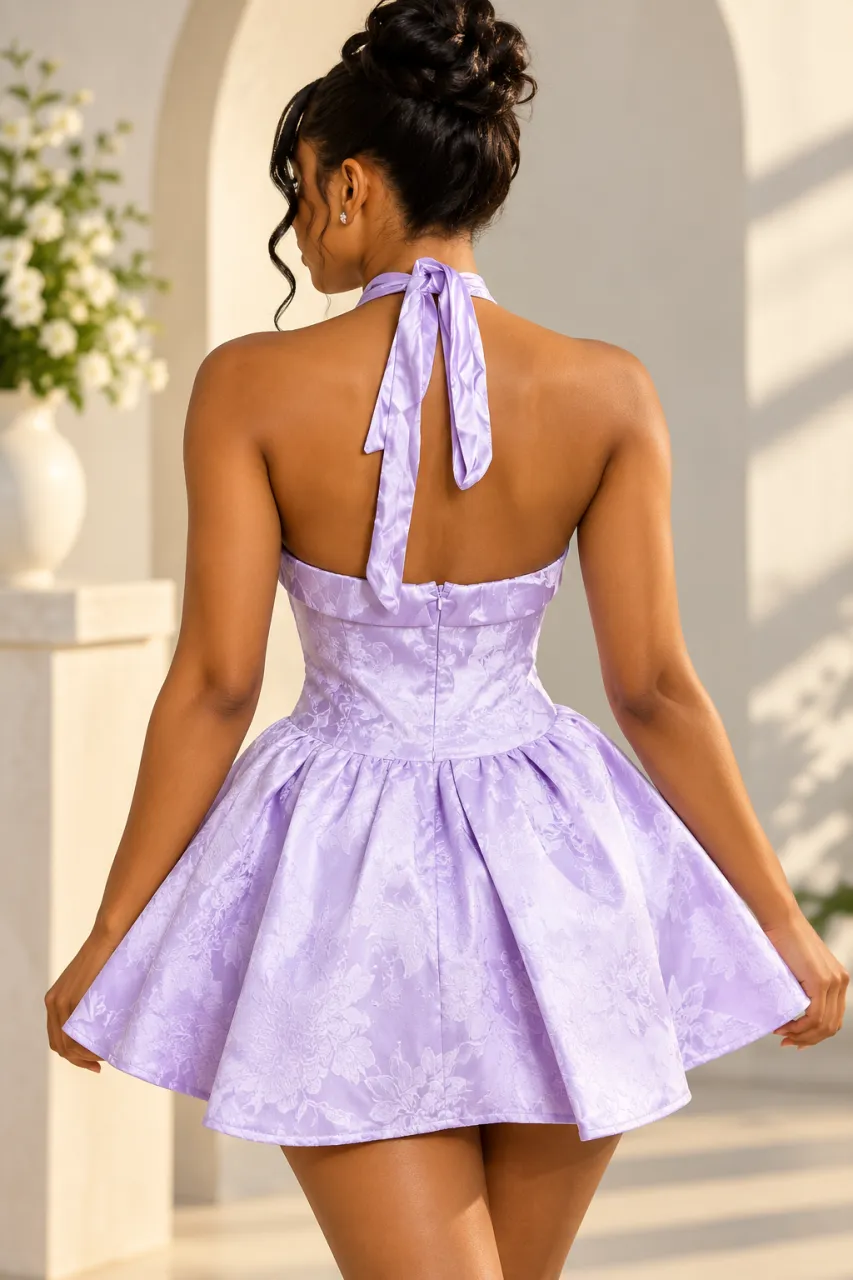 Women's Lavender Floral Jacquard Halter Mini Dress with Flared Skirt — image 2