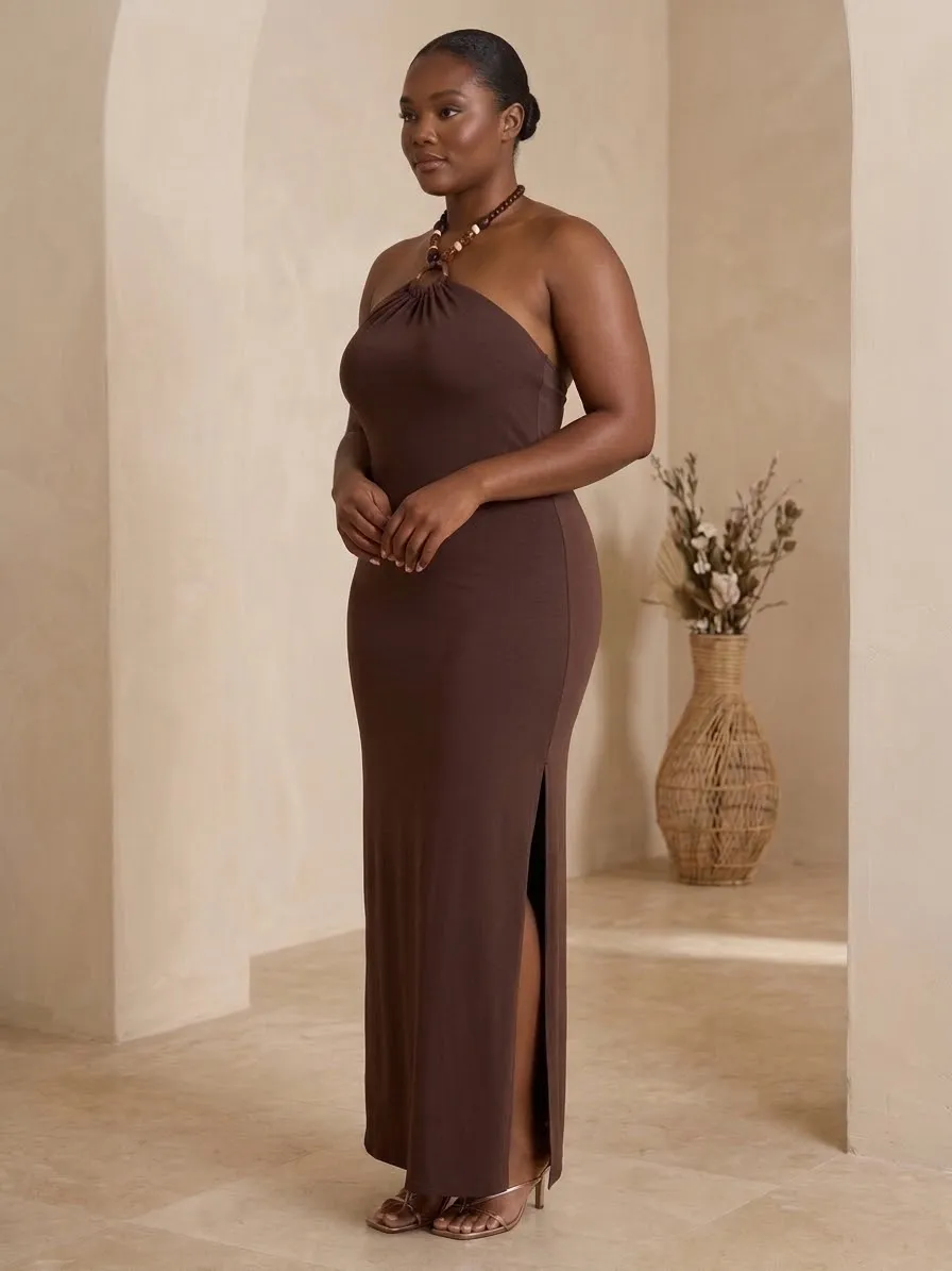 Chocolate Brown Beaded Halter Neck Maxi dress — image 1