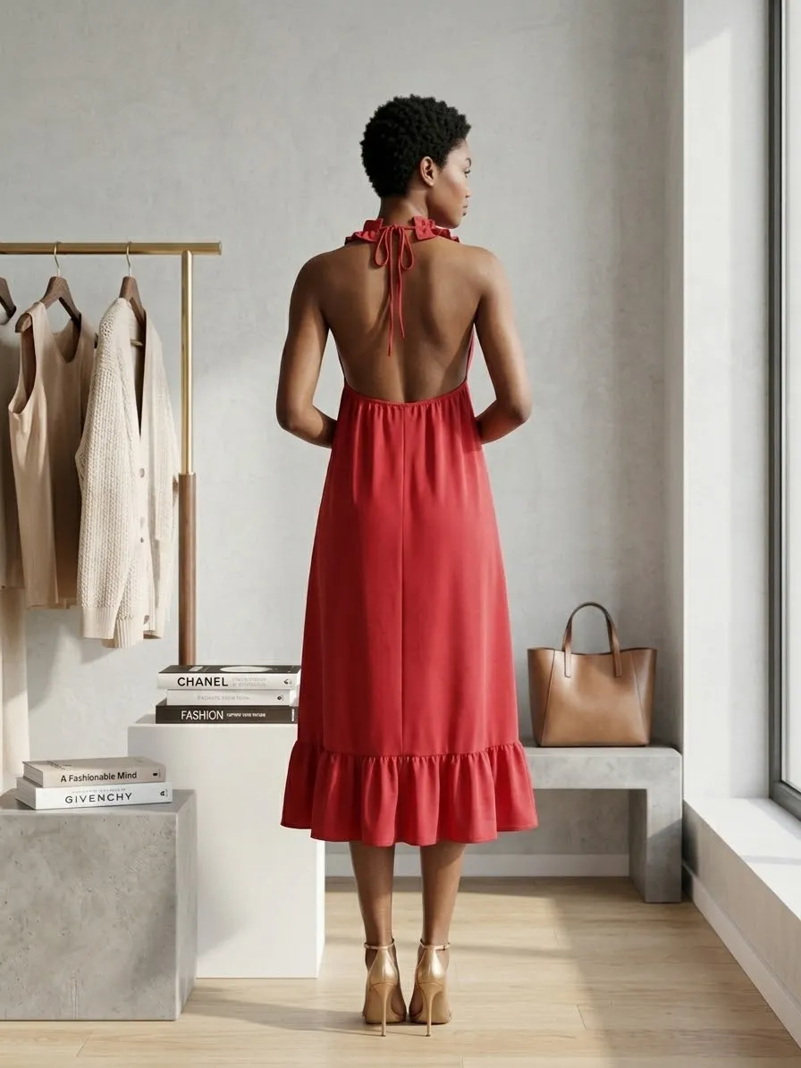 Crimson Ruffle-Hem Backless Halter Dress — image 3