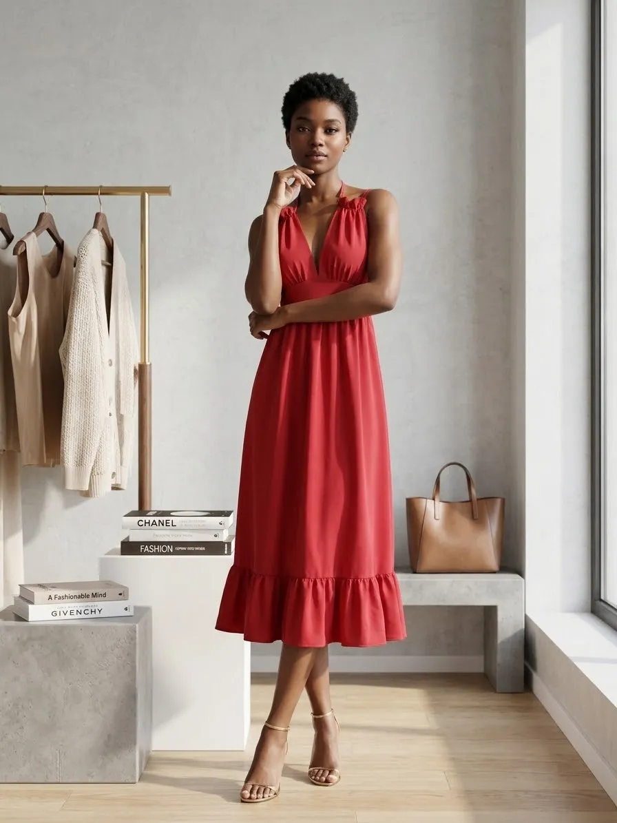 Crimson Ruffle-Hem Backless Halter Dress — image 1