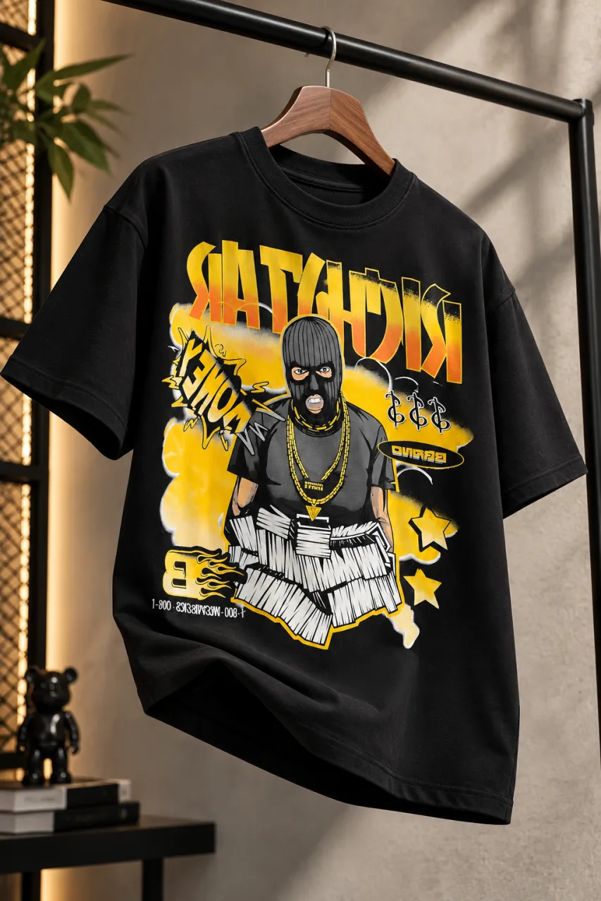 Men's Graphic Print Black Streetwear T-Shirt with Balaclava & Money Stack Design — image 1
