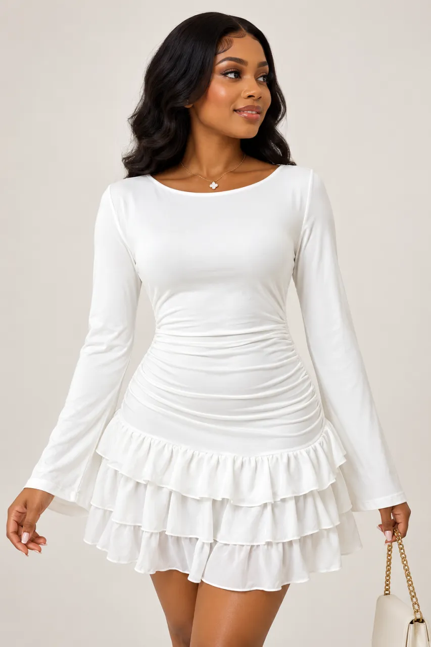 White Bell-Sleeve Ruched Ruffle Dress — image 1