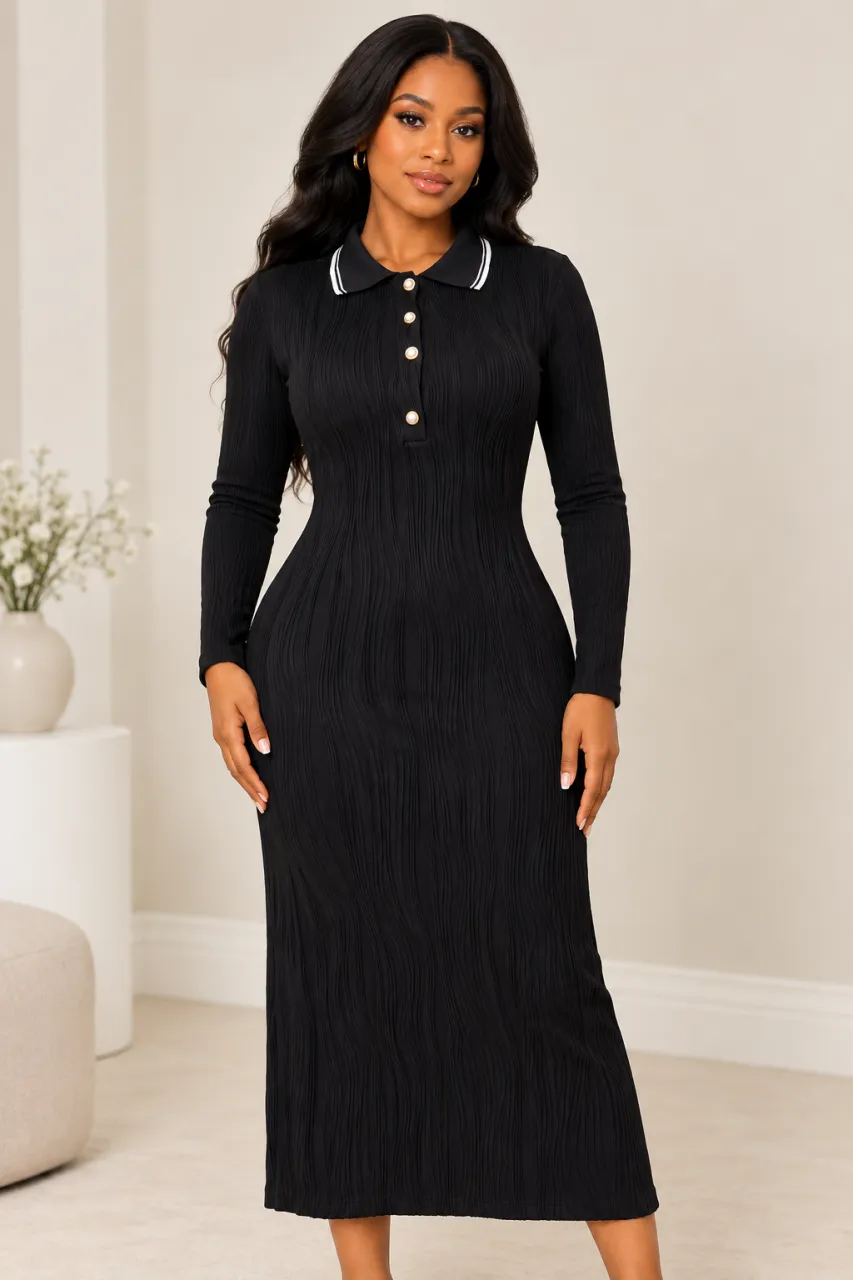 Black Textured Ribbed Long Sleeve Dress — image 1