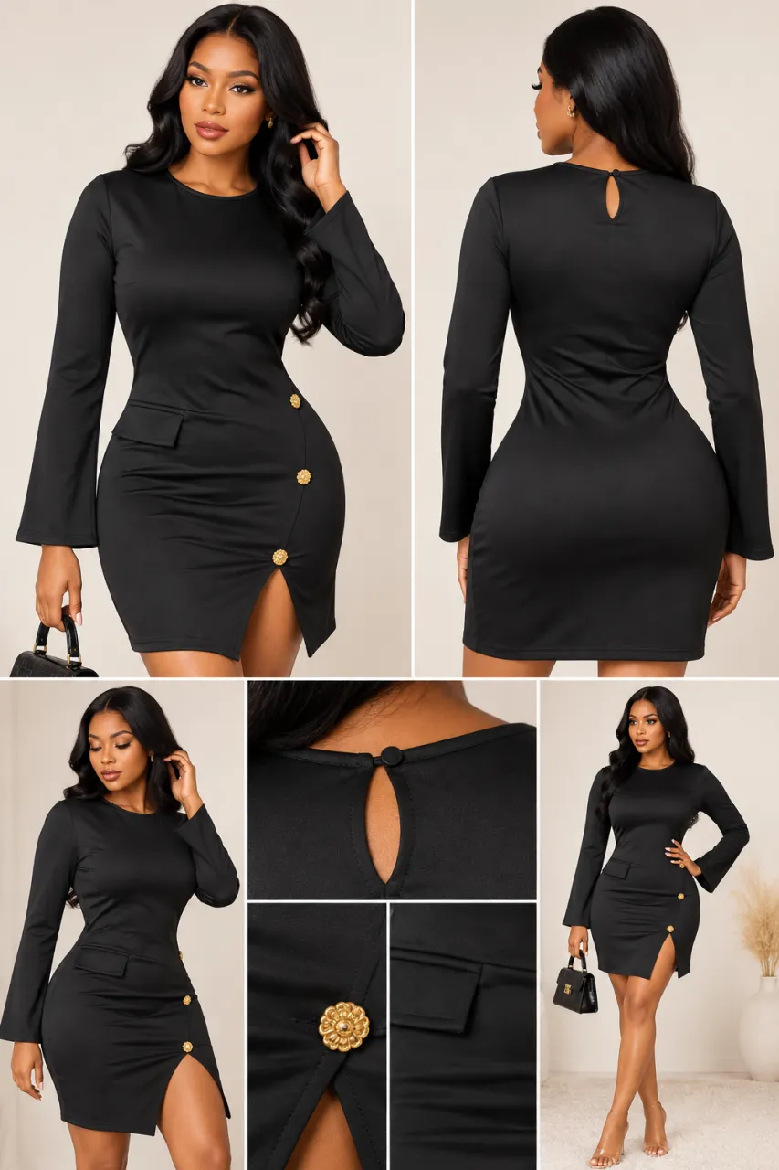 Black Long Sleeve Gold-Button Dress — image 3