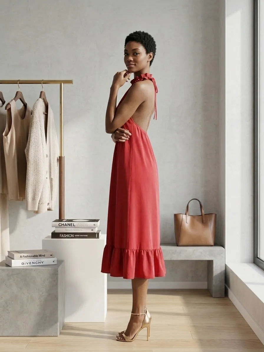 Crimson Ruffle-Hem Backless Halter Dress — image 2